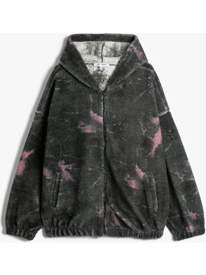 Koton Kapşonlu Peluş Fermuarlı Oversize Sweatshirt Batik Desenli