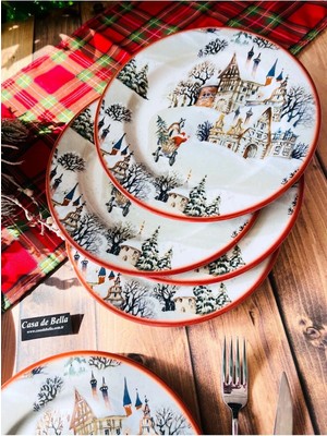 Casa De Bella Yılbaşı Desenli 6 Kişilik Porselen Pasta Tabağı