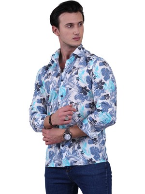 Exve Exclusive Beyaz Üzerine Lacivert Turkuaz Hawaii Yaprak Baskılı Pamuk Keten Slim Fit Erkek Gömlek