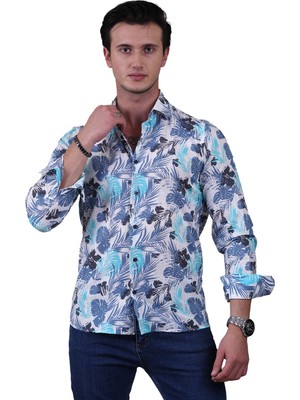 Exve Exclusive Beyaz Üzerine Lacivert Turkuaz Hawaii Yaprak Baskılı Pamuk Keten Slim Fit Erkek Gömlek