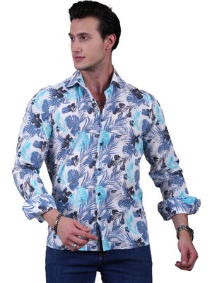 Exve Exclusive Beyaz Üzerine Lacivert Turkuaz Hawaii Yaprak Baskılı Pamuk Keten Slim Fit Erkek Gömlek