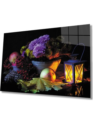 MiraLive   Çiçekler Mum Natürmort Cam Tablo