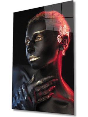 MiraLive  Siyahi Altın Hatlı Kadın Dumanlı Cam Tablo