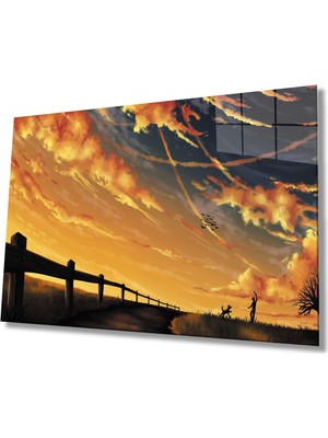 MiraLive  Gün Batımı Manzaralı Mavi Sarı Cam Tablo