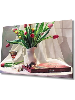 MiraLive  Vazoda Çiçekler Natürmort Cam Tablo