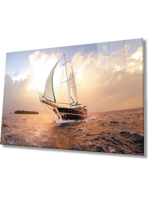 MiraLive  Gün Batımı Deniz Gemi Cam Tablo