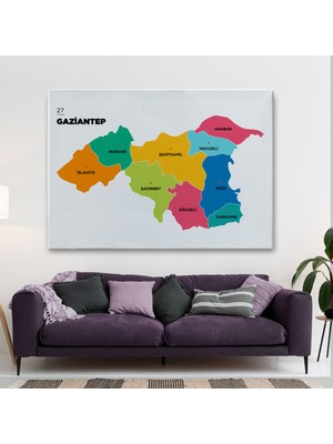 MiraLive Gaziantep Ili ve Ilçeler Haritası Dekoratif Kanvas Tablo 1342