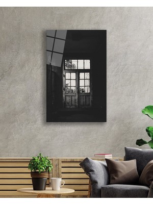 MiraLive  Siyah Beyaz  Eski Kapı Görselli Dikey Cam Tablo