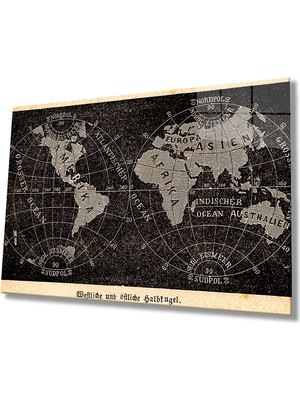 MiraLive  Eski Siyah Beyaz Eski Dünya Haritası  Cam Tablo