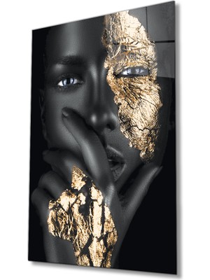 MiraLive  Altın Dudak ve Göz Makyajlı Afrikalı Kadın Cam Tablo