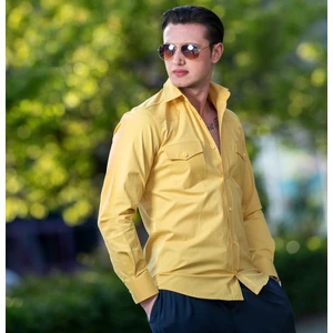 Exve Exclusive Güneş Sarısı Pamuk Likra Outdoor Çift Cep Kapaklı Slim Fit Western Gömlek
