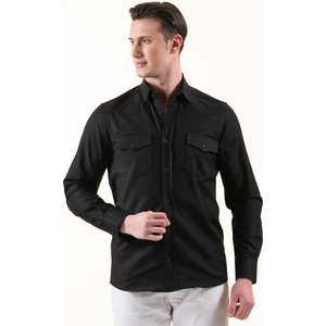Exve Exclusive Siyah Keten Slim Fit Western Gömlek