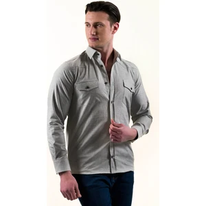 Exve Exclusive Gri Melanj Pamuk Likra Outdoor Çift Cep Kapaklı Slim Fit Western Gömlek