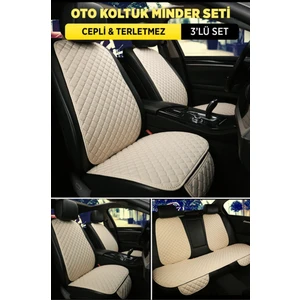 Tay Tüyü Cepli & Terletmez Kumaş Sırtlı Oto Koltuk Minder Seti - Koltuk Koruma Kılıfı (3'lü Set)