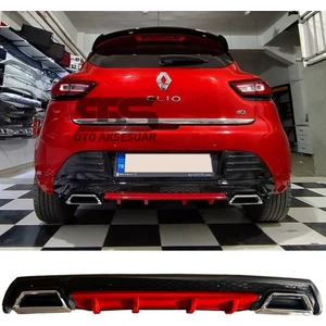 Renault Clio 4 Difüzör Arka Tampon Eki 2 Egzoz Çıkışlı Kırmızı Lüx Tip)
