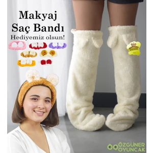 Harika Peluş Fabrikası Kulaklı Peluş Çorab Welsoft Diz Üstü Oda Çorabı Kışlık Uyku Çorabı Ayak Isıtıcı Uzun Çorap