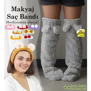 Harika Peluş Fabrikası Kulaklı Peluş Çorab Welsoft Diz Üstü Oda Çorabı Kışlık Uyku Çorabı Ayak Isıtıcı Uzun Çorap