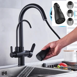 Mutfak Evye Bataryası Su Arıtma Çıkışlı 3 Fonksiyonlu Duş Fiskiyeli Mat Siyah