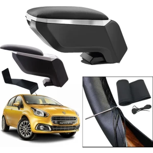 Lüks Set Fiat Punto Evo 2015 Delmesiz Çelik Ayaklı Gri-Siyah Kolçak Kol Dayama, Direksiyon Kılıfı