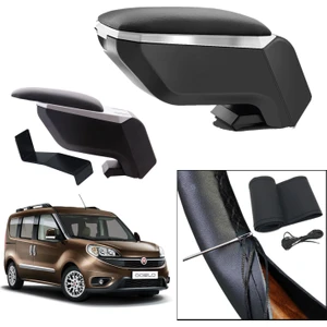 Lüks Set Fiat Doblo 2 2017 Delmesiz Çelik Ayaklı Gri-Siyah Kolçak Kol Dayama, Direksiyon Kılıfı
