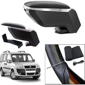 Lüks Set Fiat Doblo 2011 Delmesiz Çelik Ayaklı Gri-Siyah Kolçak Kol Dayama, Direksiyon Kılıfı