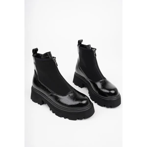 Marshetta Shoes Isabel Model Siyah Kırık Rugan Kalın Tabanlı Önden Fermuarlı Kadın Bot