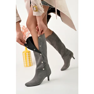 Marshetta Shoes Secret Model Gri Süet Sivri Burun Ince Topuklu Çıt Çıtlı Kadın Çizme