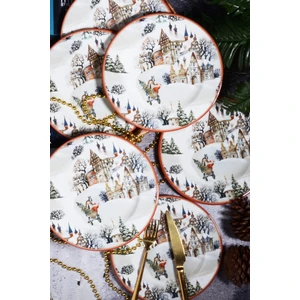 Porselen Diyarı Yılbaşı Desen Özel Tasarım 6'lı Snowy House Dijital Baskı Pasta Tabağı 20 cm