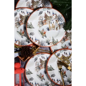Porselen Diyarı Yılbaşı Desen Özel Tasarım 6'lı Snowy House Dijital Baskı Servis Tabağı 26 cm