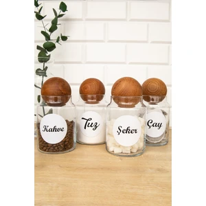 4'lü Ahşap Top Kapaklı Etiketli Çay Şeker Kahve Tuz Saklama Kabı 800 ml Kavanoz
