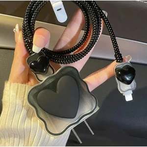 Iphone 20W Uyumlu Şarj Başlık Kablo Koruyucu ve Spiral Kablo Koruyucu 3 Lü Siyah Kalpli