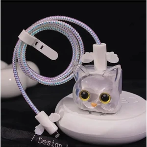 Sevimli Beyaz Kedi Silikon Şarj Başlığı ve Kablo Koruyucu 4'lü Set