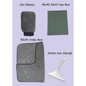 Fine Clean 4'lü Mikrofiber Oto Yıkama Kurulama Araba Silme Bezi + Cam Bezi + Oto Eldiveni + Silecek