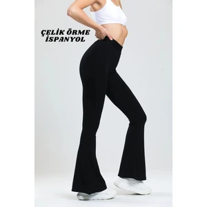 Dream Style Kadın Siyah Ispanyol Paça Çelik Örme Pantolon Yüksek Bel Lastikli Likralı Toparlayıcı Tayt