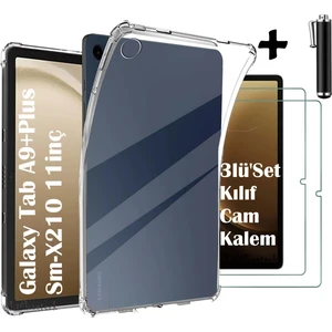 M.TK Moveteck Samsung Galaxy Tab A9 Plus 11 Inç Tablet Kılıf + Ekran Koruyuyucu + Kalem Set Şeffaf Slim Köşe Korumalı Silikon Tablet Kapak X210