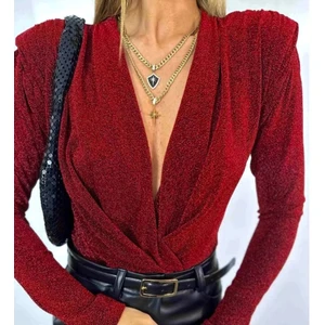 CYU Butik Kırmızı Simli V Yaka Vatkalı Likralı Kadın Party Bodysuit