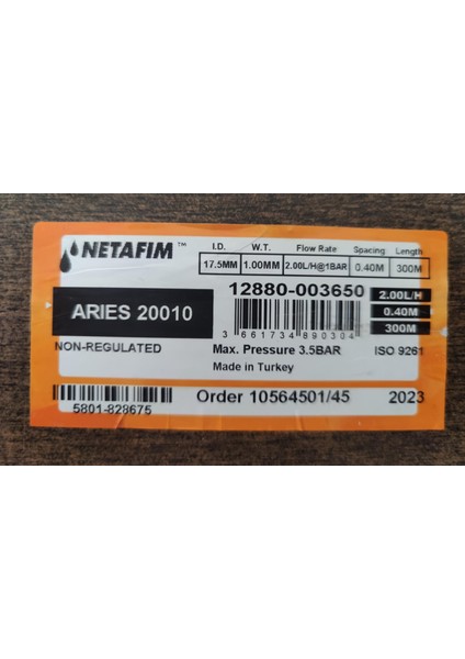 Arıes™ 20010 ( 20 mm 40 cm 2lt/h 300 Metre ) Çok Yıllık Yuvarlak Damla Sulama Borusu 12880-003650