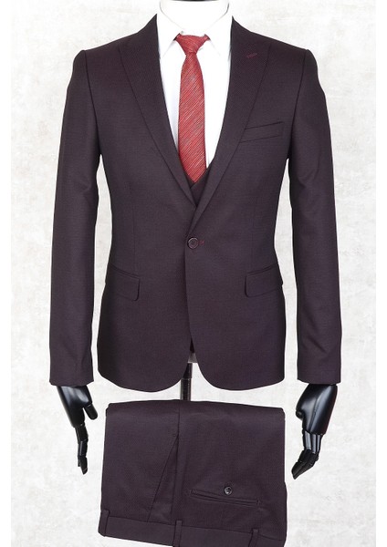 Slim Fit Tek Düğme -Sivri Yaka-Çift Yırtmaç Bordo Yelekli Drop 6 Takım Elbise