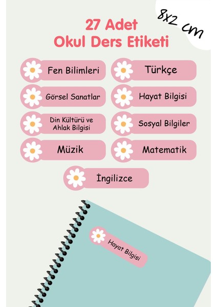 Piksel Grafik Okul Ders Etiketi Papatya Temalı 27 Adet 8 cm Okul Ders Etiketi - Papatya