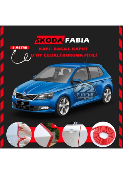 Fruens Skoda Fabia Oto Araç Kapı Koruma Fitili 5metre Parlak Kırmızı Renk