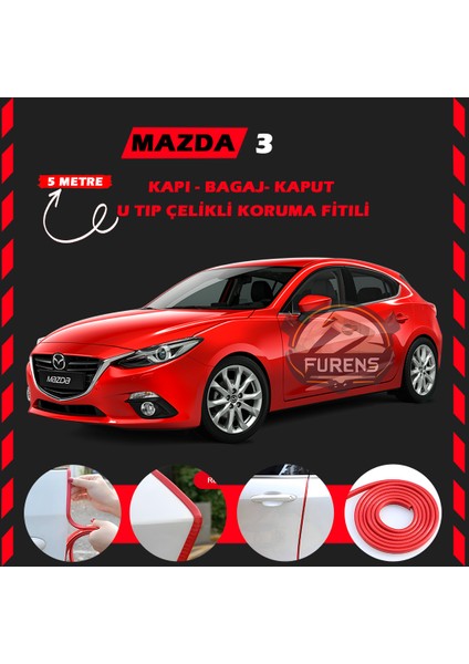Fruens Mazda 3 Oto Araç Kapı Koruma Fitili 5metre Parlak Kırmızı Renk