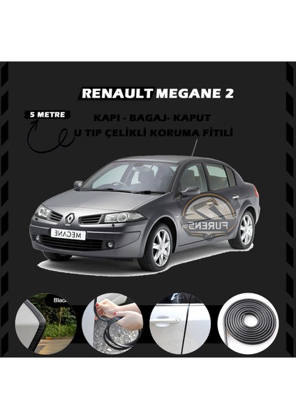Fruens Renault Megane 2 Oto Araç Kapı Koruma Fitili 5metre Parlak Siyah Renk