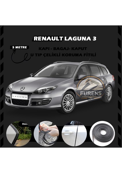Fruens Renault Laguna 3 Oto Araç Kapı Koruma Fitili 5metre Parlak Siyah Renk