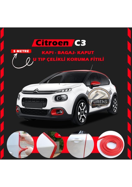 Fruens Citroen C3 Oto Araç Kapı Koruma Fitili 5metre Parlak Kırmızı Renk