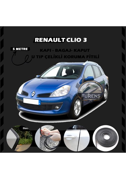 Fruens Renault Clio 3 Oto Araç Kapı Koruma Fitili 5metre Parlak Siyah Renk