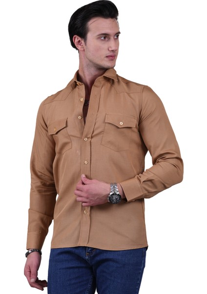 Hardal Sarısı Flamlı Dokuma Slim Fit Western Gömlek