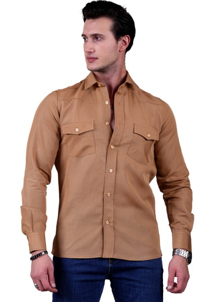 Hardal Sarısı Flamlı Dokuma Slim Fit Western Gömlek