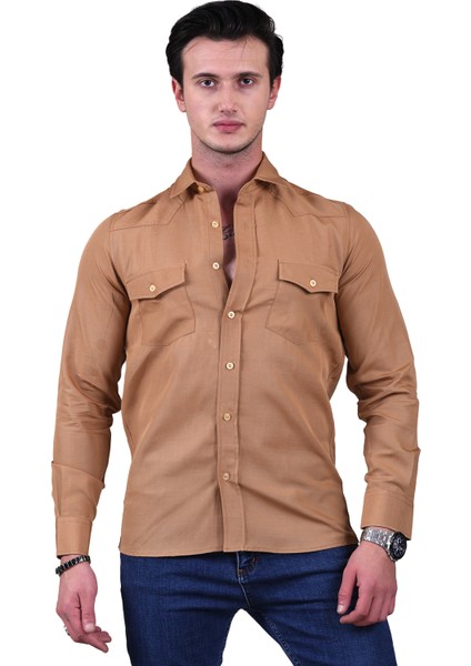 Hardal Sarısı Flamlı Dokuma Slim Fit Western Gömlek