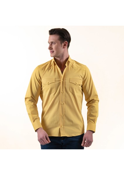 Güneş Sarısı Pamuk Likra Outdoor Çift Cep Kapaklı Slim Fit Western Gömlek fiyatları