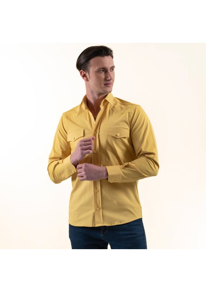 Güneş Sarısı Pamuk Likra Outdoor Çift Cep Kapaklı Slim Fit Western Gömlek modelleri